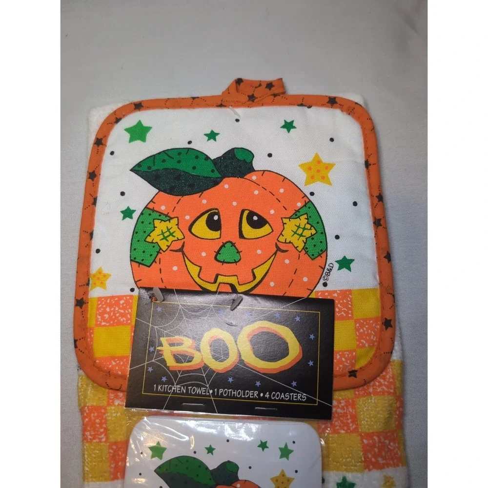 Vintage NOS Halloween Kitchen Set Hand Towel Potholder & 4 Coasters Set B&D